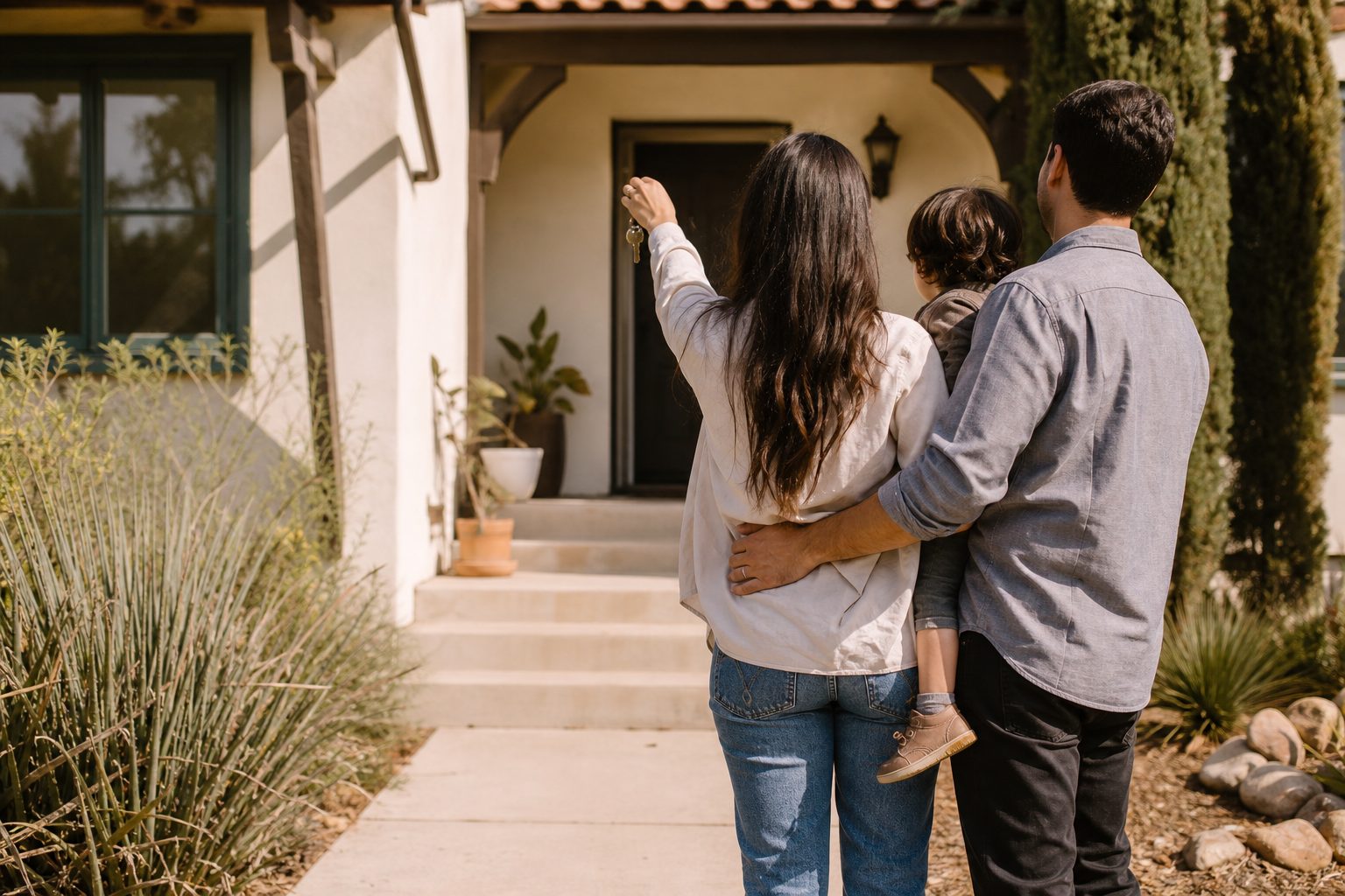 Family at the front door of their new home