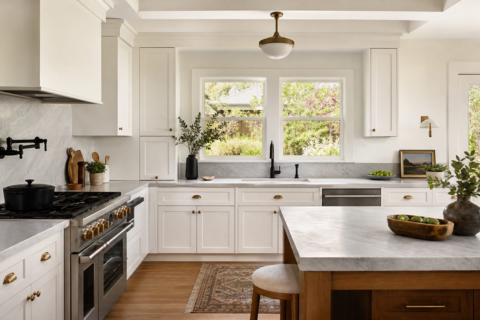 Renovated kitchen with marble island in a Cambrian home