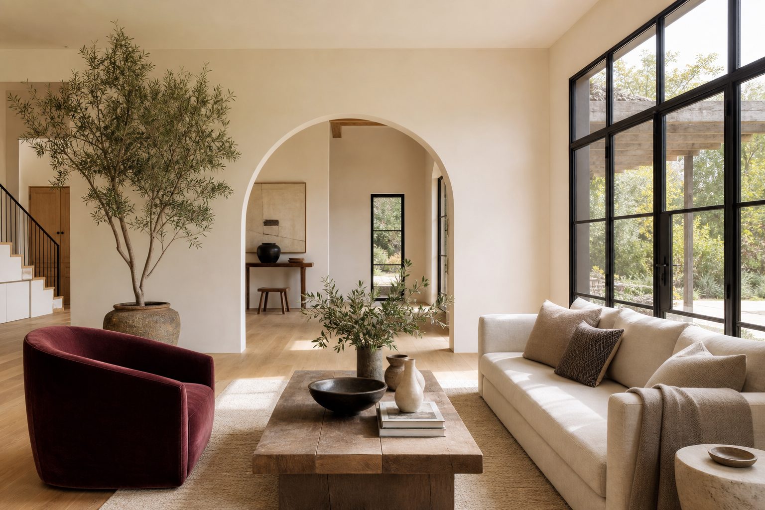 Bright living room with arched doorway and burgundy accent chair
