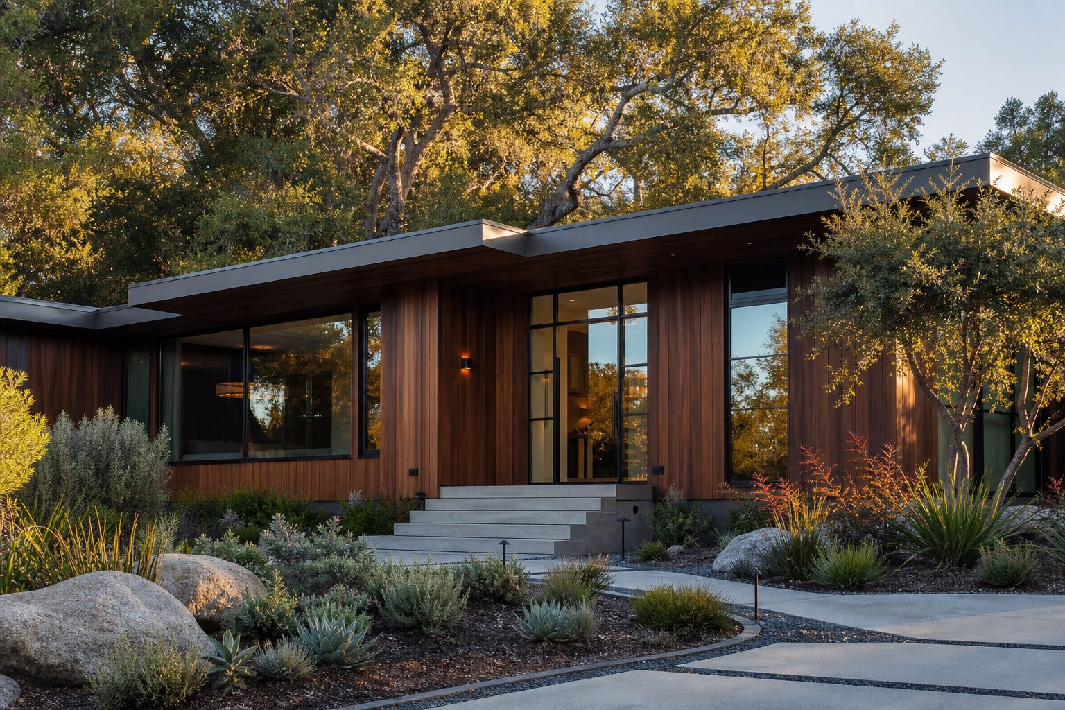 Contemporary home with wood siding among oak trees in Los Gatos